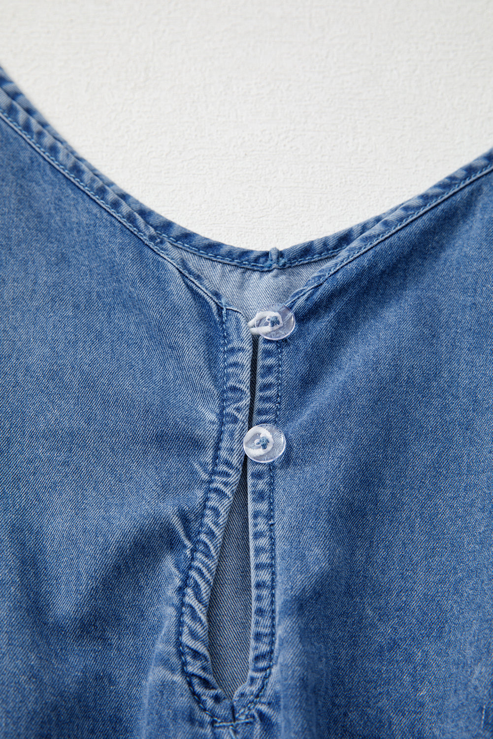 Ashleigh Blue Spaghetti Straps V Neck Belted Ruffled Leg Chambray Romper eAura