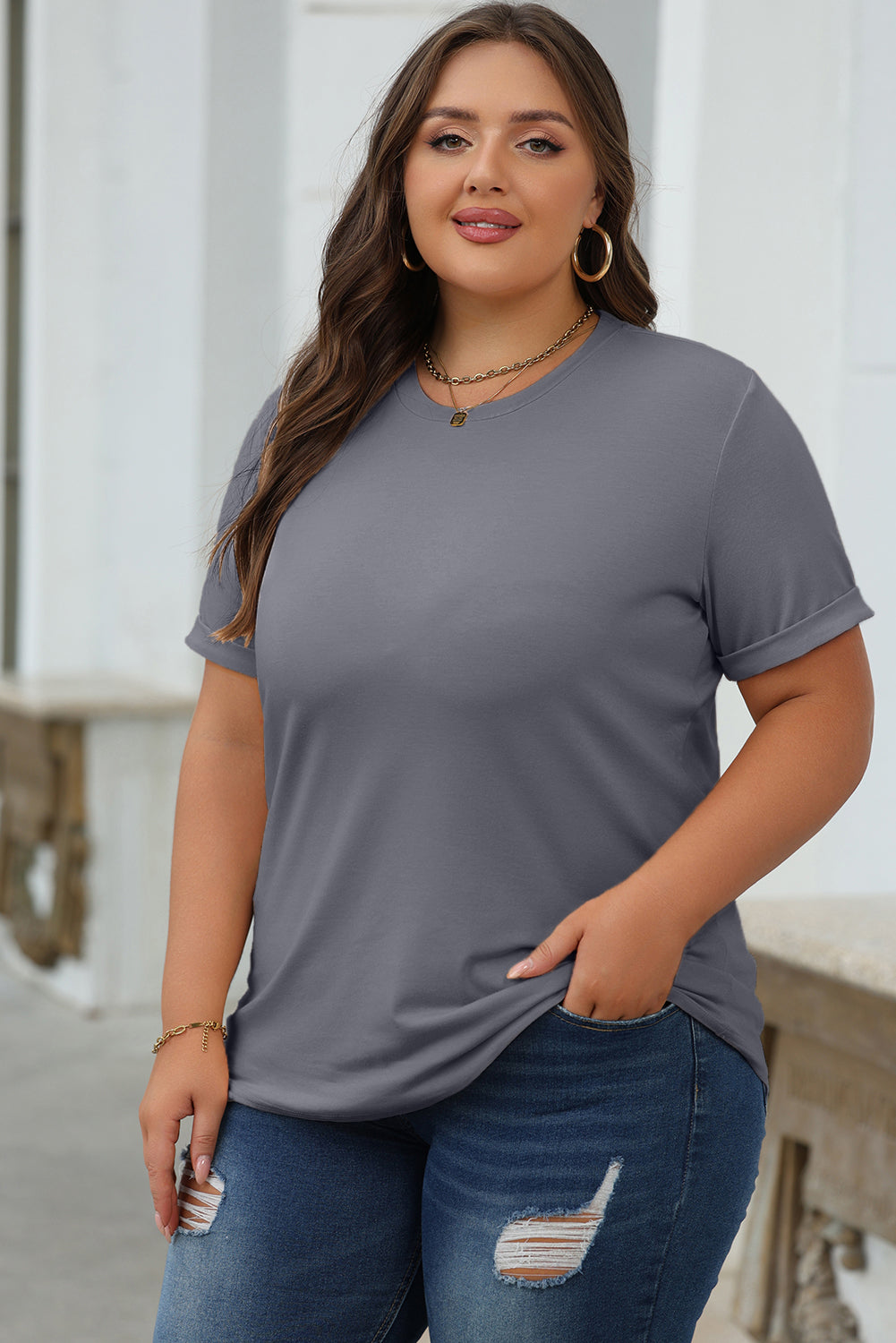 Casual Plain Crew Neck Tee T-Shirt