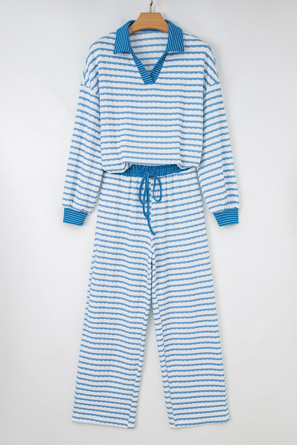 Striped Collared Pullover Top and Drawstring Trousers Co-ord Set - eAura