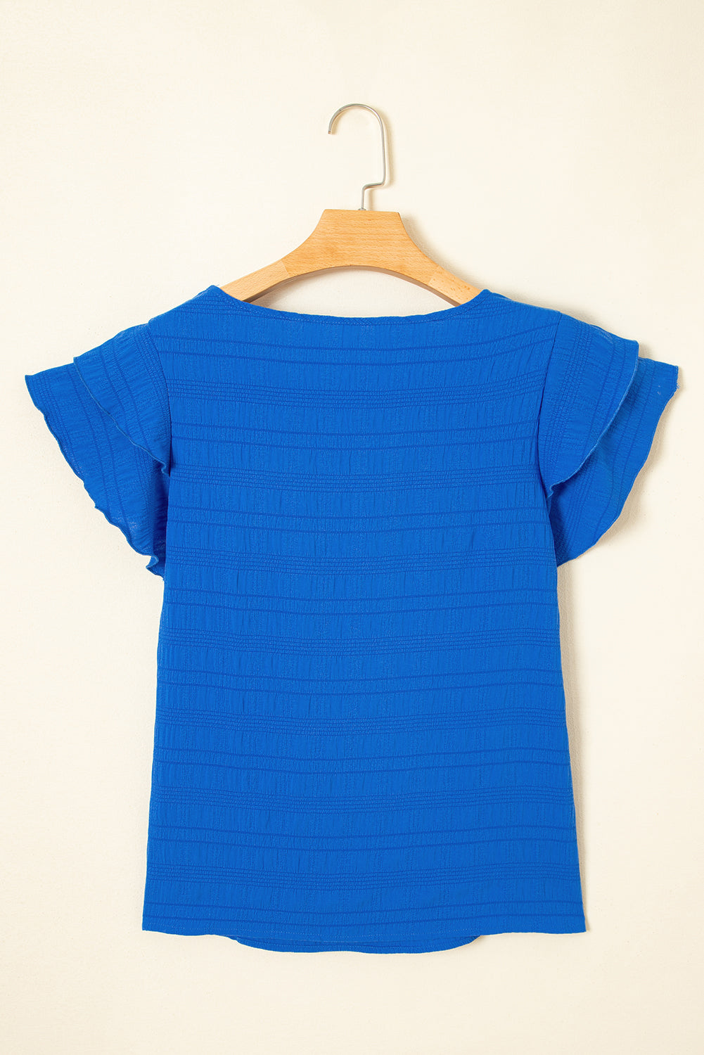 Dark Blue Textured Ruffled Sleeve Round Neck Top BB Fashion Outlet