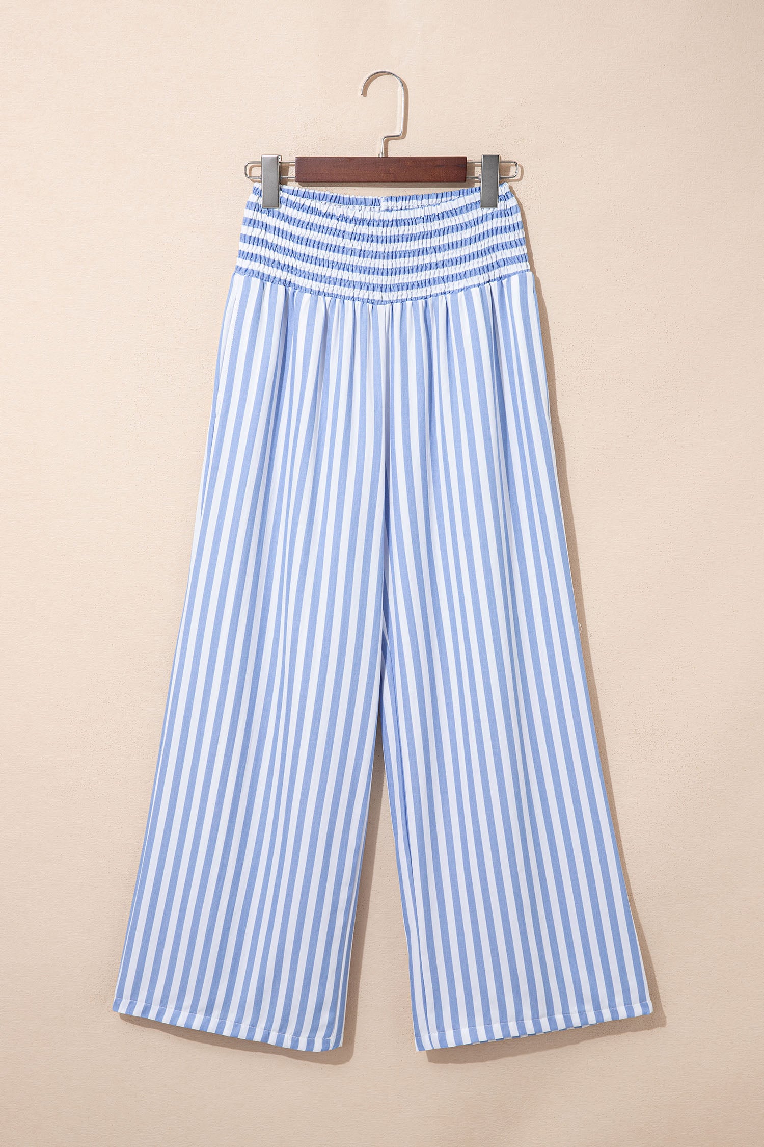 Shirred High Waist Loose Summer Pants – Sky Blue Stripe