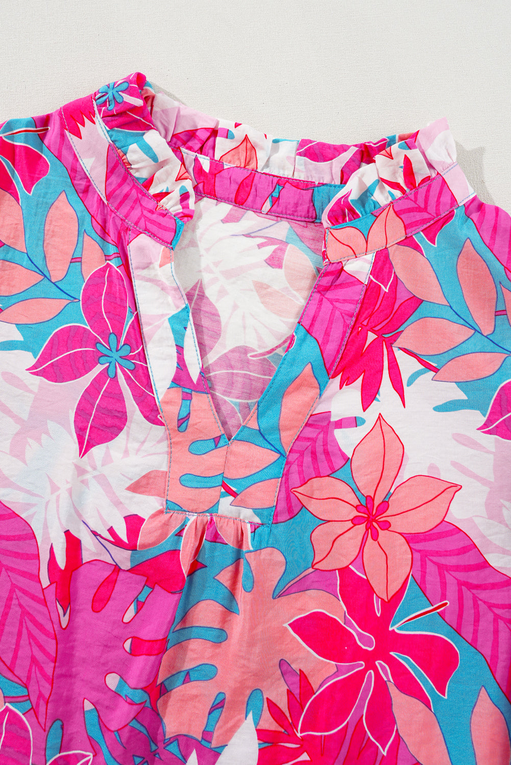 Rose Tropical Plant Printed V Neck Puff Sleeve Blouse eAura