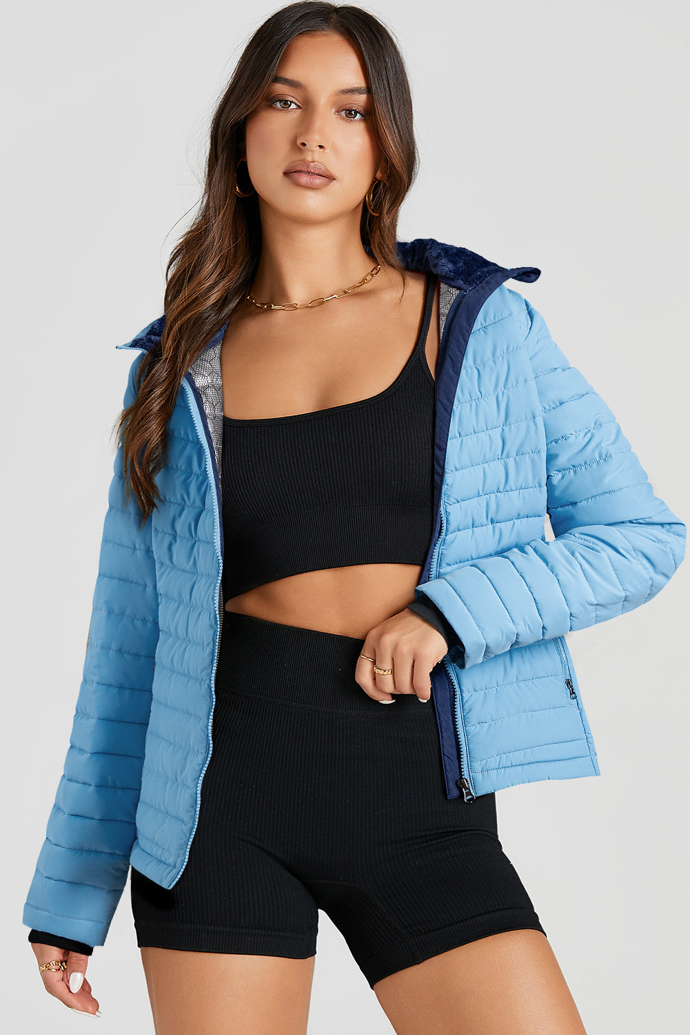 Myosotis Solid Colour Quilted Zip-up Puffer Jacket Beagle Boutique Fashion Outlet
