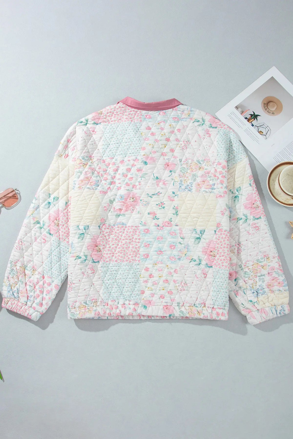 Floral Quilted V-Neck Plus Size Fake Pocket Sweatshirt – Pink