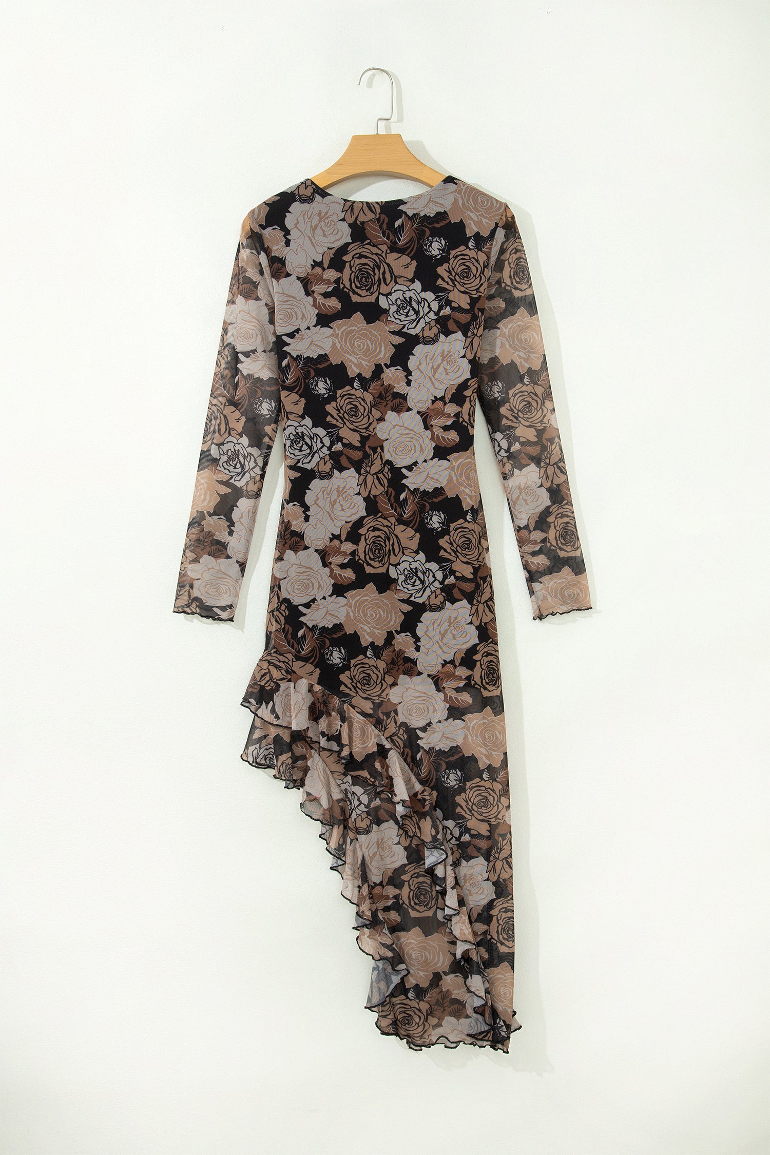Floral Long Sleeve Asymmetric Ruffle Split Hem Mesh Dress – Black