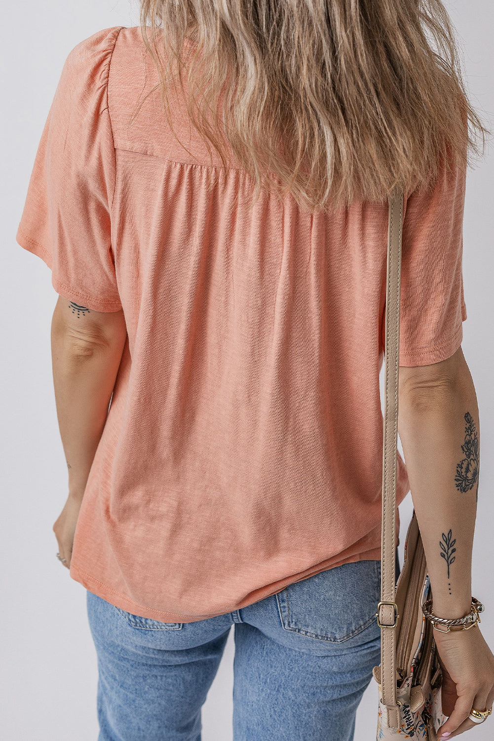 Fushia Smocked Front V Neck Pleated Babydoll Short Sleeve Top eAura