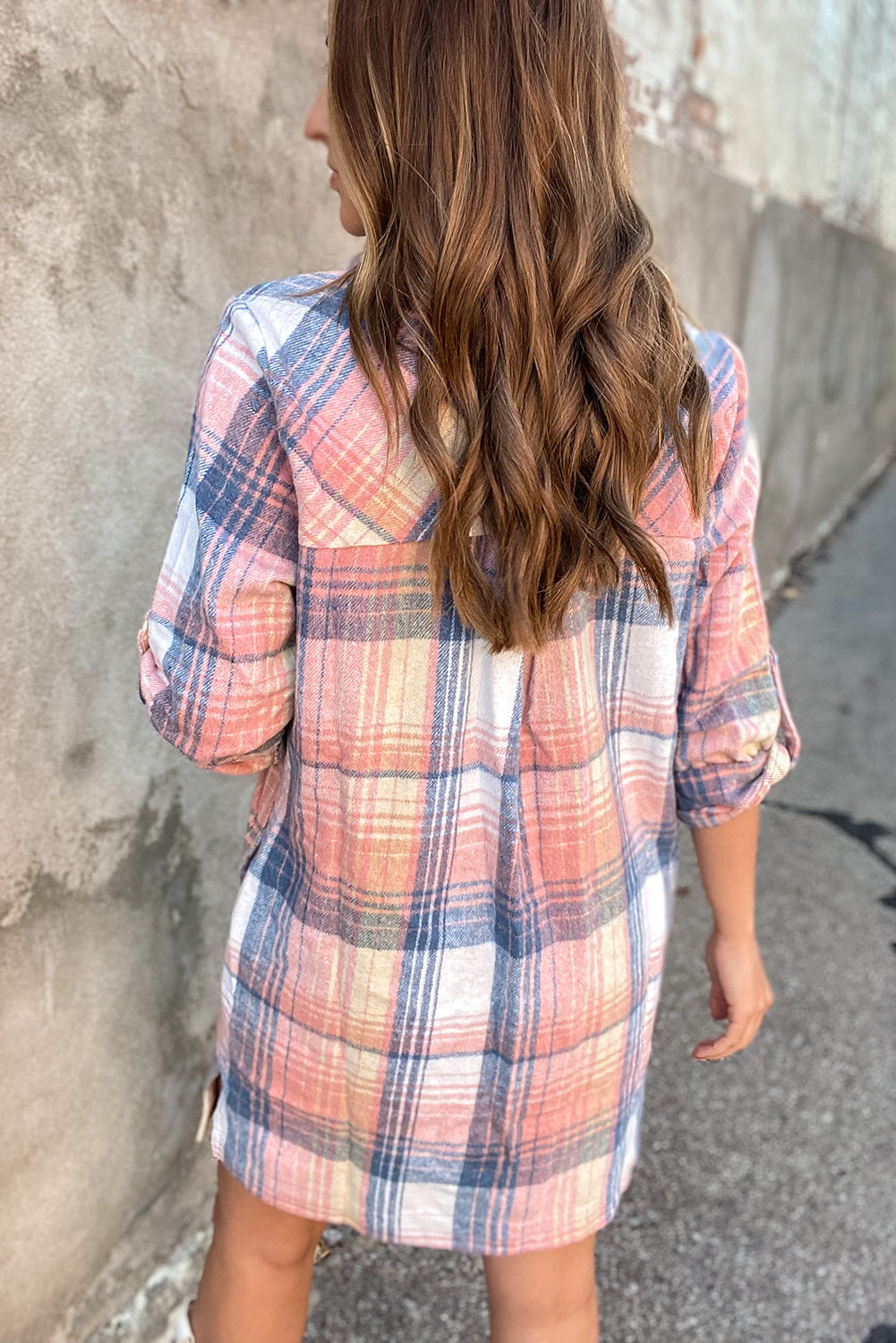 Pink Plaid Roll-tab Sleeve Side Slit Shirt Dress eAura