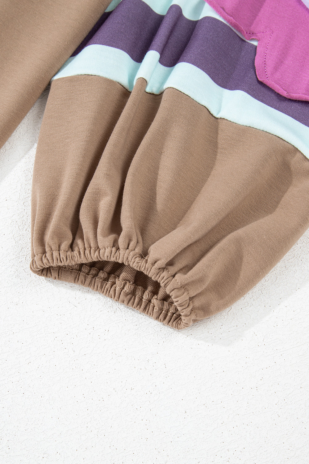 Light French Beige Flower Striped Patchwork Puff Sleeve Loose Sweatshirt BB Fashion Outlet