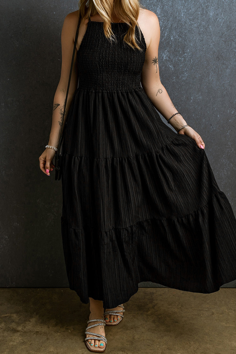 Black Spaghetti Straps Smocked Pleated Tiered Maxi Dress eAura