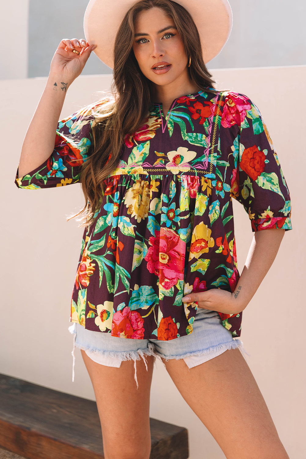 Greyish Purple Rose Flower Embroidered Trim Half Sleeve Blouse eAura