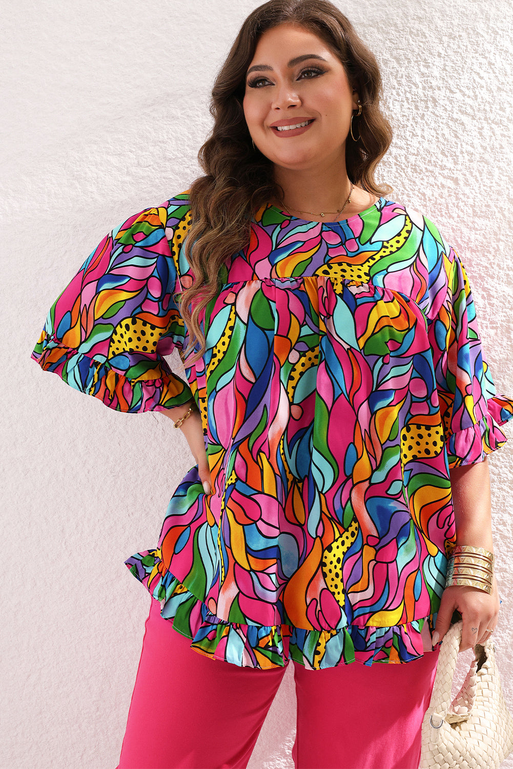 Rose Abstract Print Plus Size Frilly Trim Blouse BB Fashion Outlet