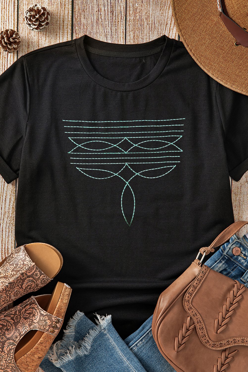 Black Western Fashion Geometric Embroidered T Shirt eAura