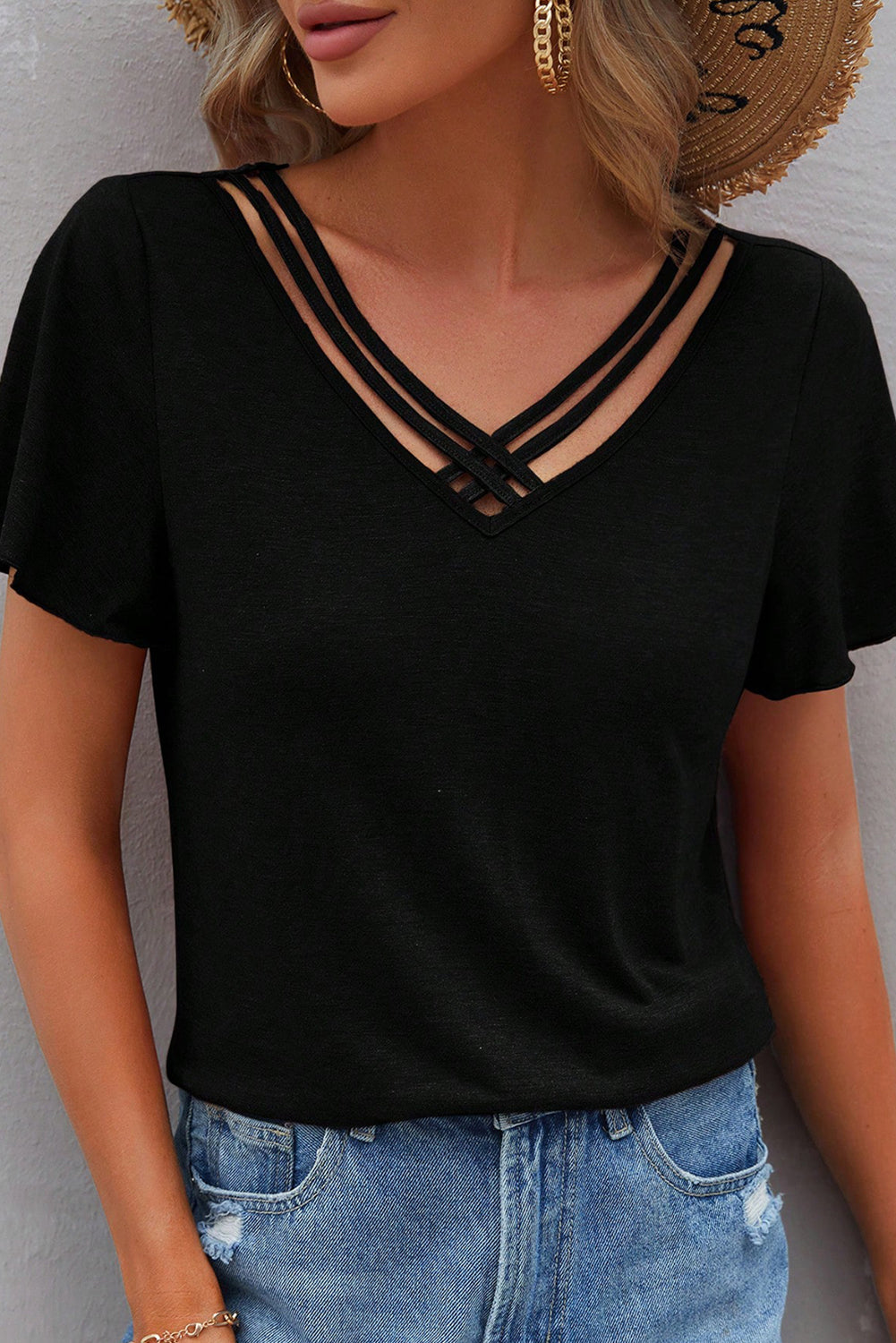 Black Crisscross V Neck Butterfly Sleeve T Shirt eAura