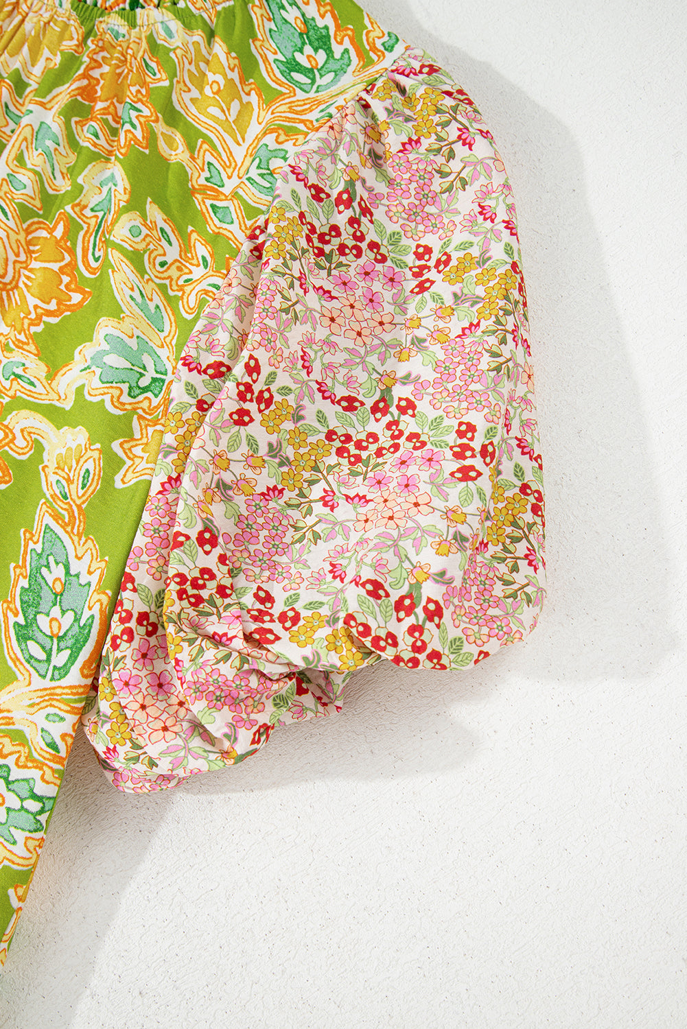 Paisley Print Contrast Bubble Sleeve Patchwork Blouse eAura