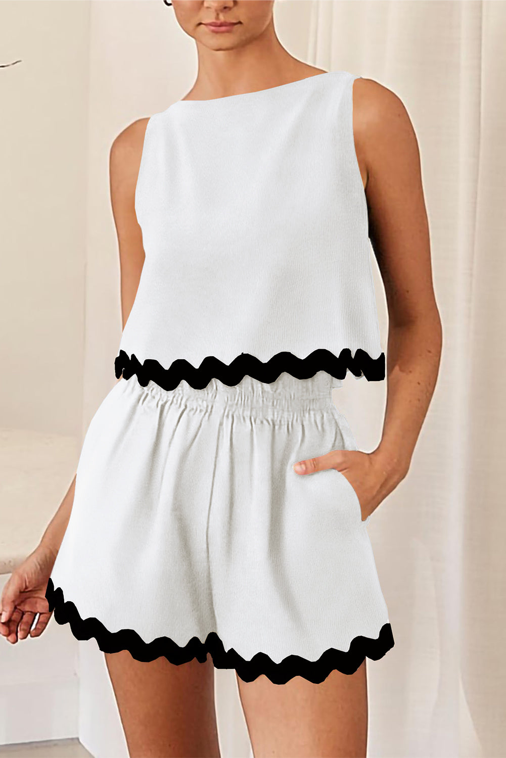 Black Ricrac Trim Tank Top Elastic Waist Shorts Set eAura