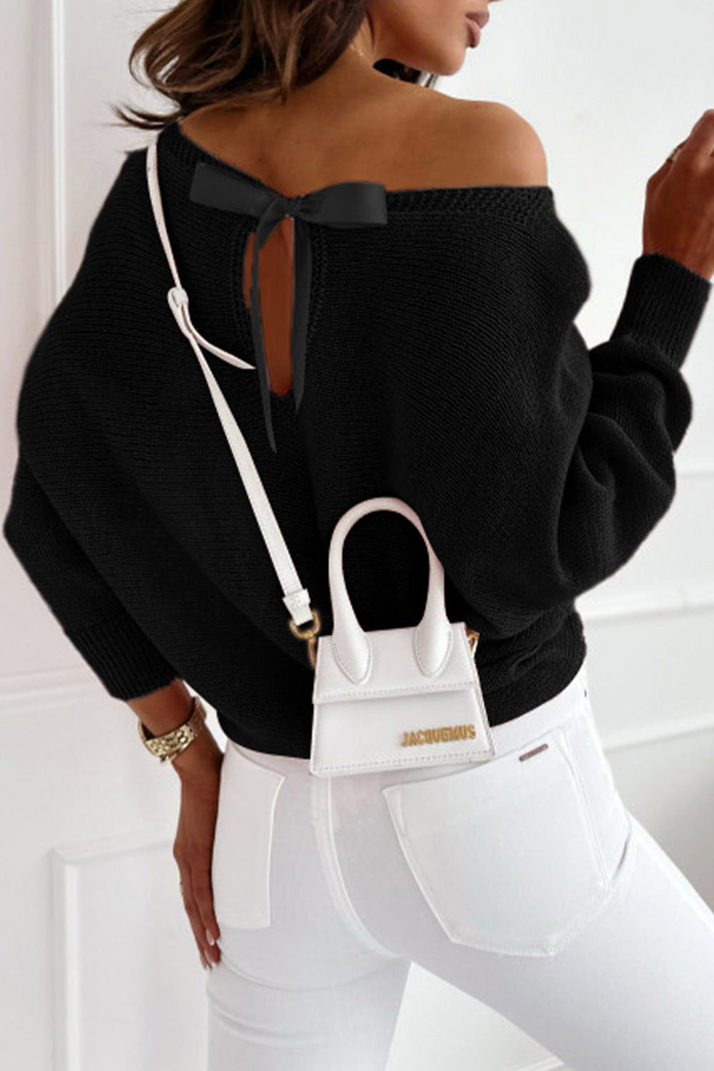 Black Ribbon Bow Knot Dolman Sleeve Sweater BB Fashion Outlet