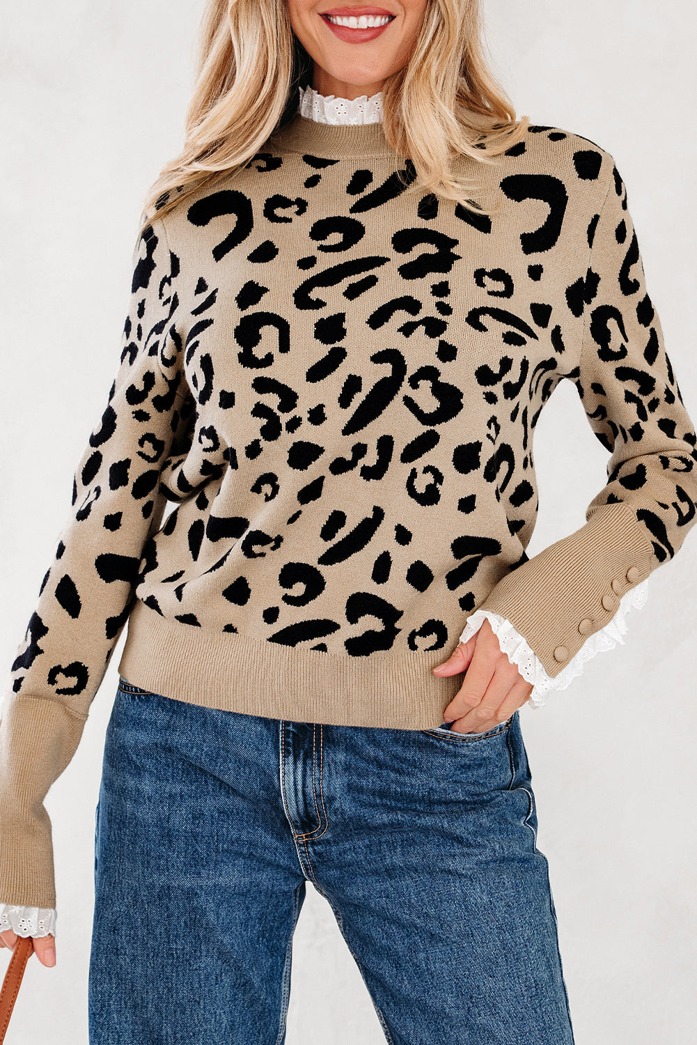 Brown Leopard Pattern Lace Ribbed Detail Button Cuffed Sweater - eAura