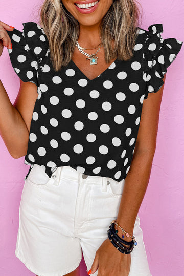 Black Polka Dot Print Ruffled Sleeve V Neck Blouse eAura