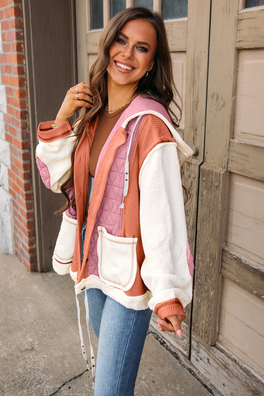 Coral Quilted Textured Patchwork Loose Fit Hooded Jacket Beagle Boutique Fashion Outlet