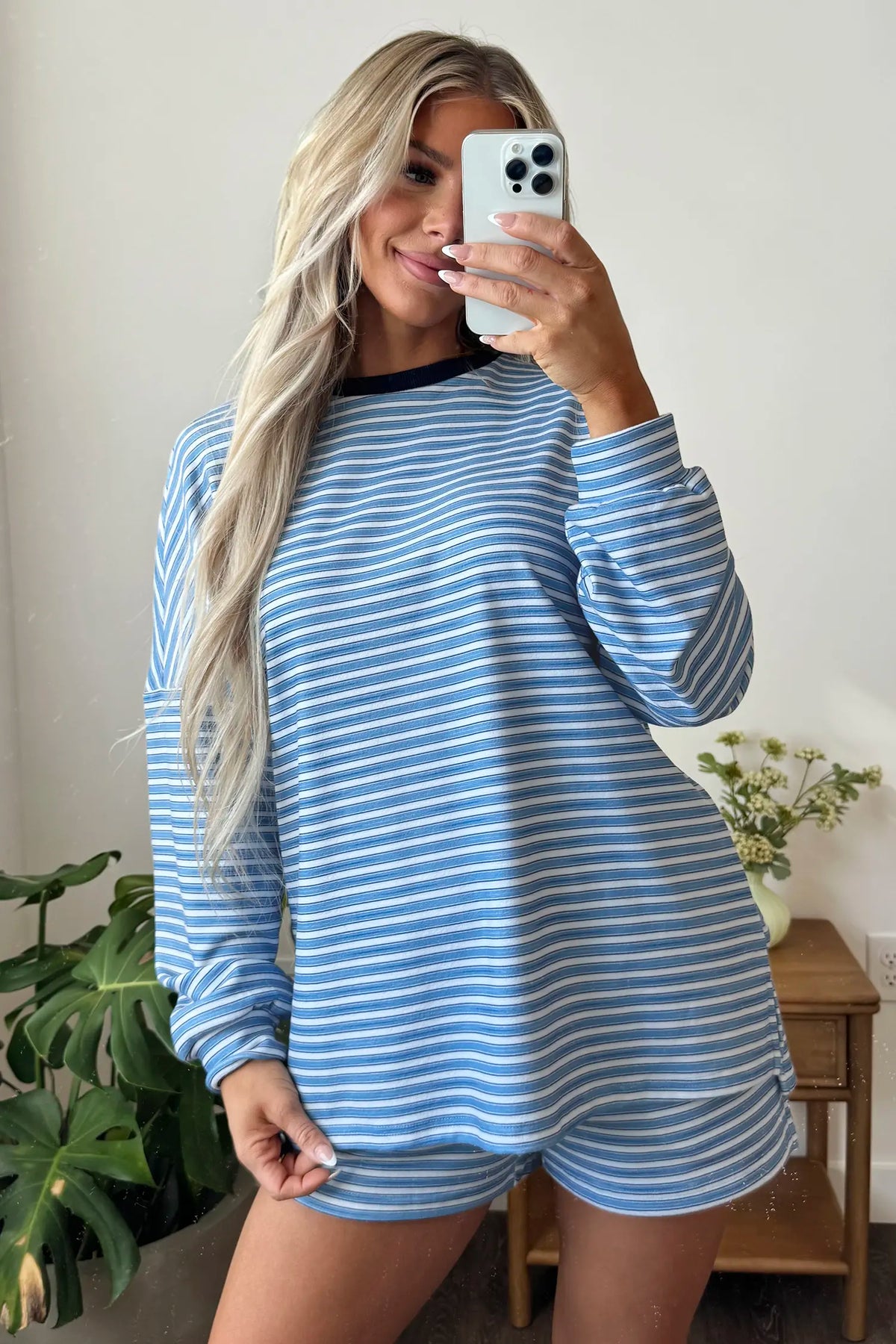 Long Sleeve Oversized Top Pocketed Casual Shorts Two Piece Set – Sky Blue Stripe