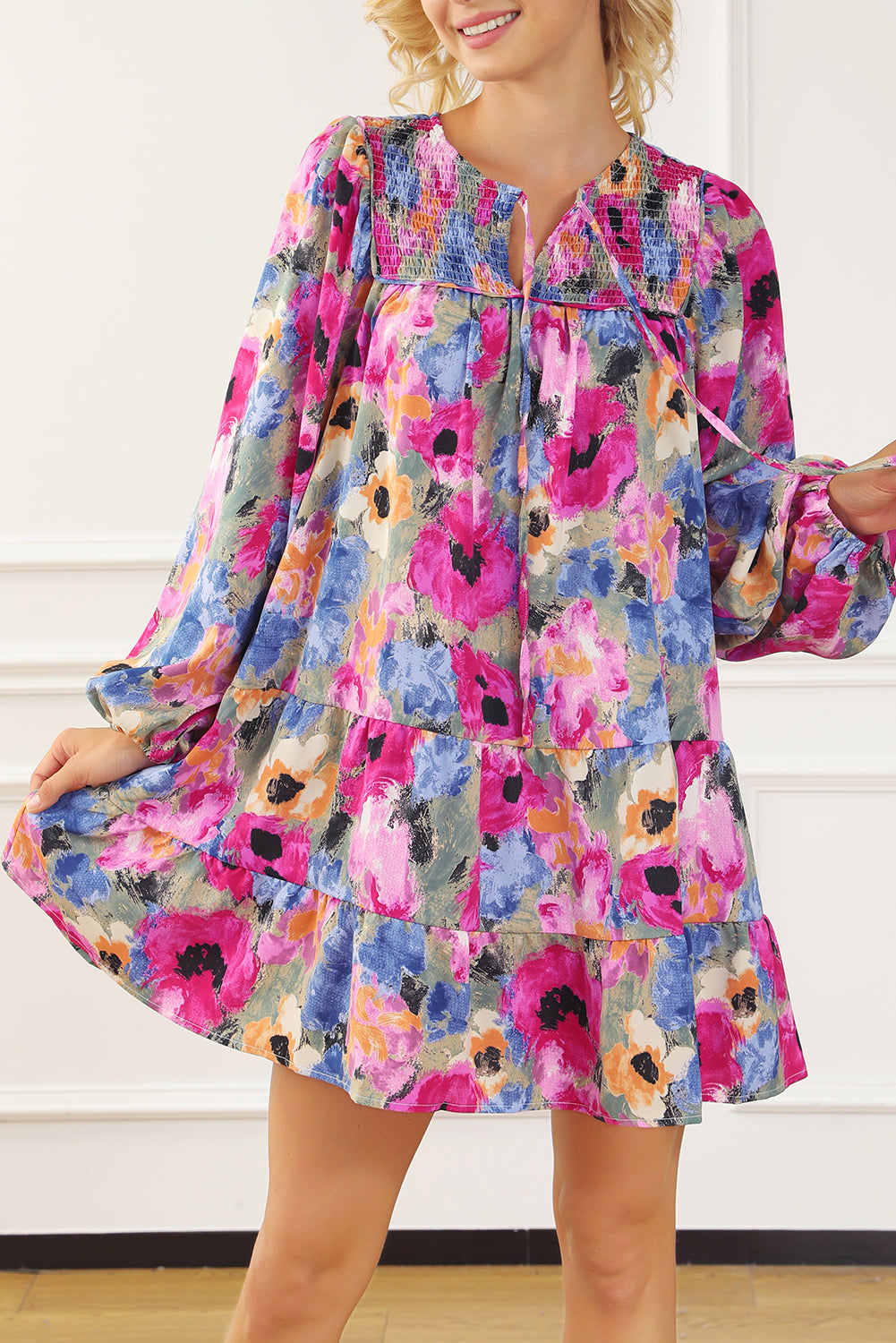 Multicolour Floral Tie Neck Bubble Sleeve Shift Dress eAura