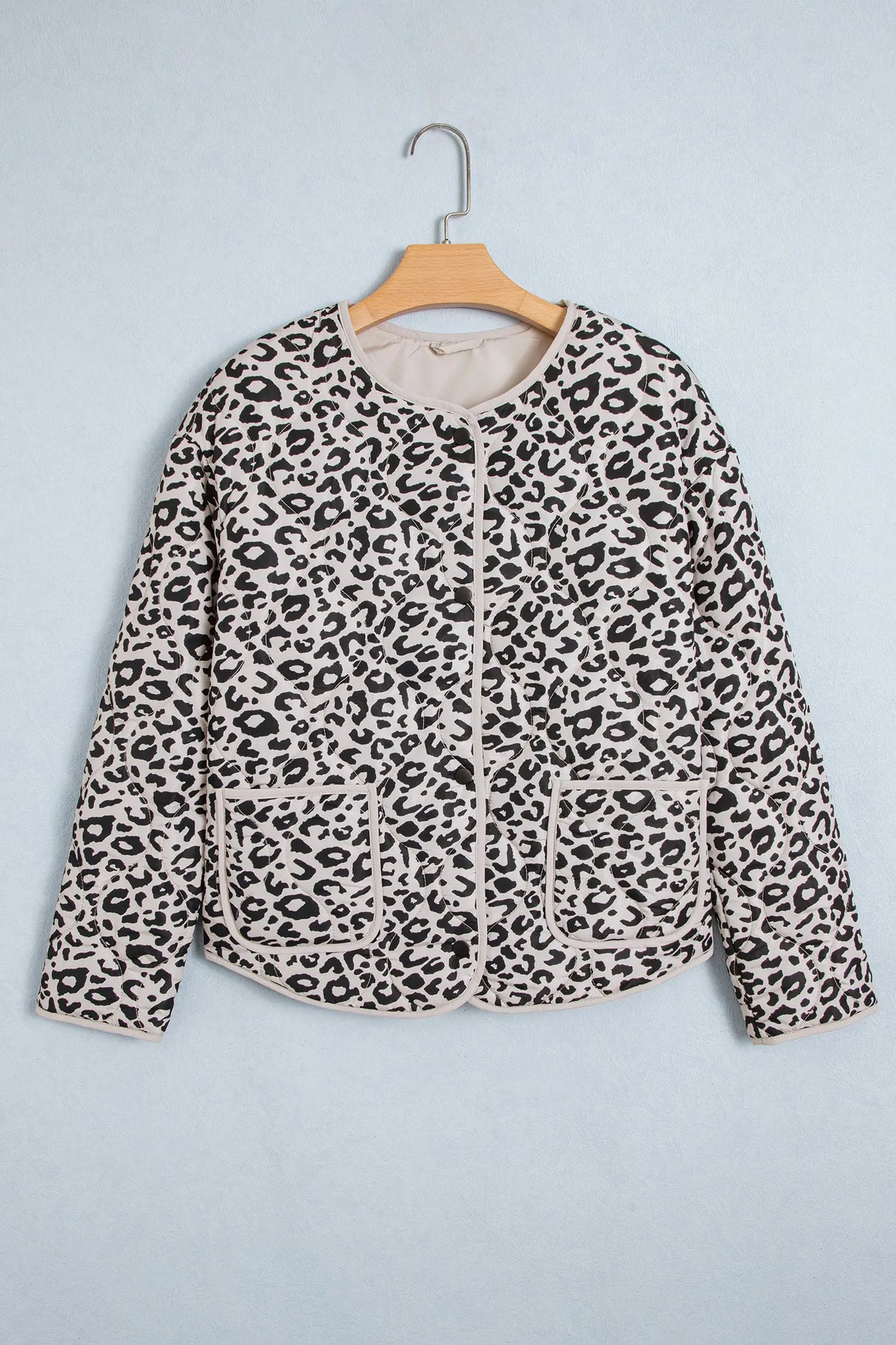 Khaki Leopard Print Patch Pockets Binding Tape Long Sleeve Regular Fit Jacket