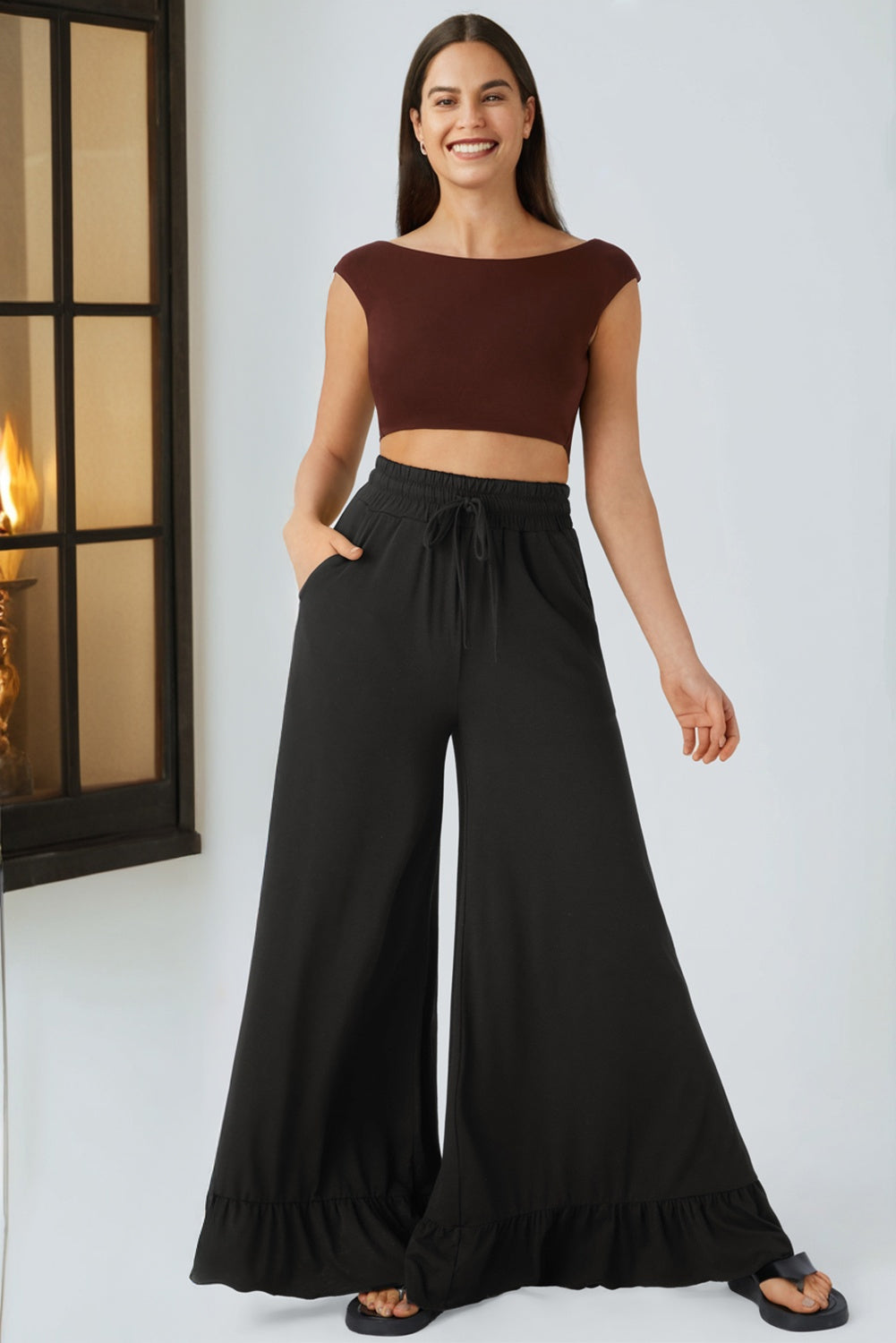 Ruffled Wide Leg Pull On High Waist Trousers with Pockets - Bottoms/Wide