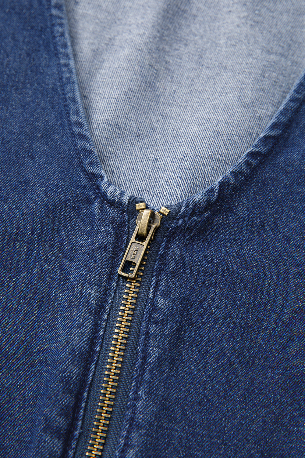 Sail Blue Denim Ruffled Zipped Front Belted Romper eAura