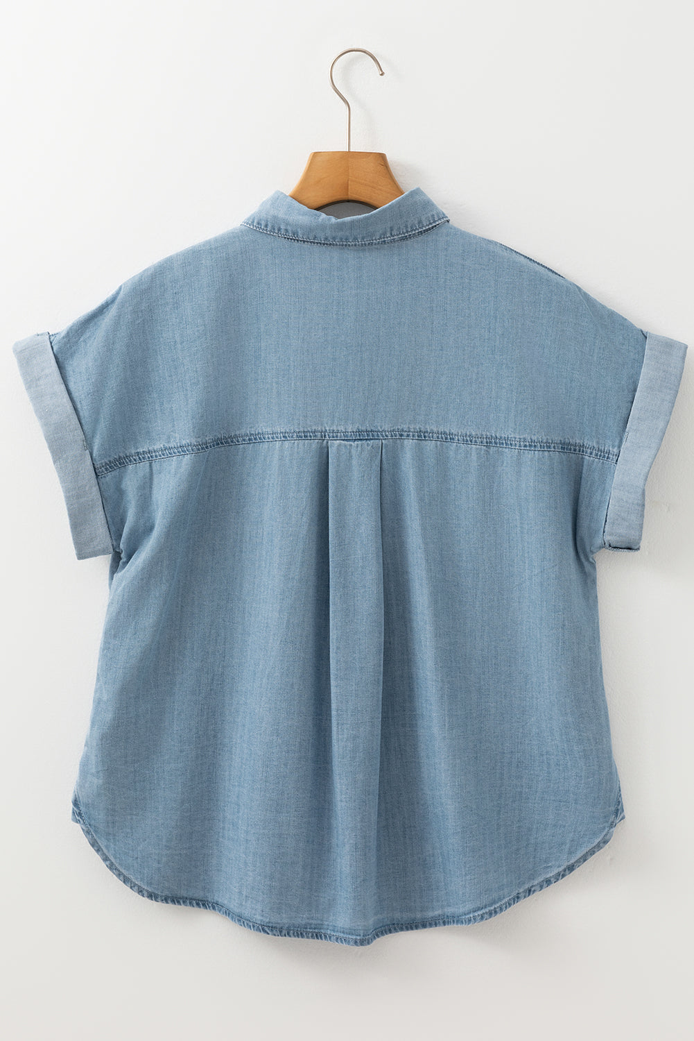 Dusk Blue Folded Short Sleeve Patched Pocket Denim Shirt eAura