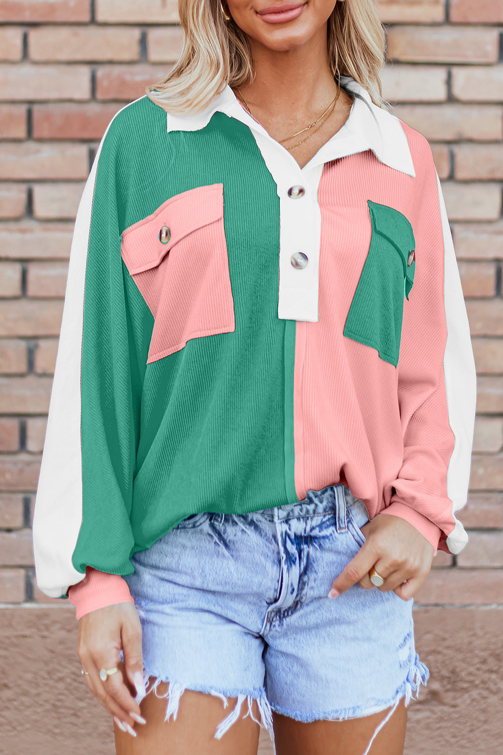 Pink Colourblock Ribbed Collared Oversized Sweatshirt eAura