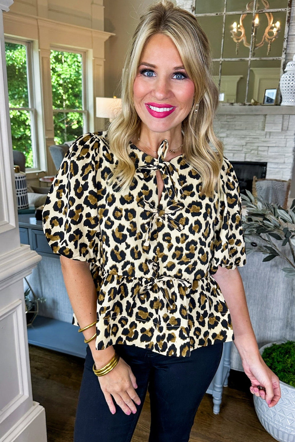Apricot Leopard Bubble Sleeve Bow Tie Front Peplum Blouse eAura