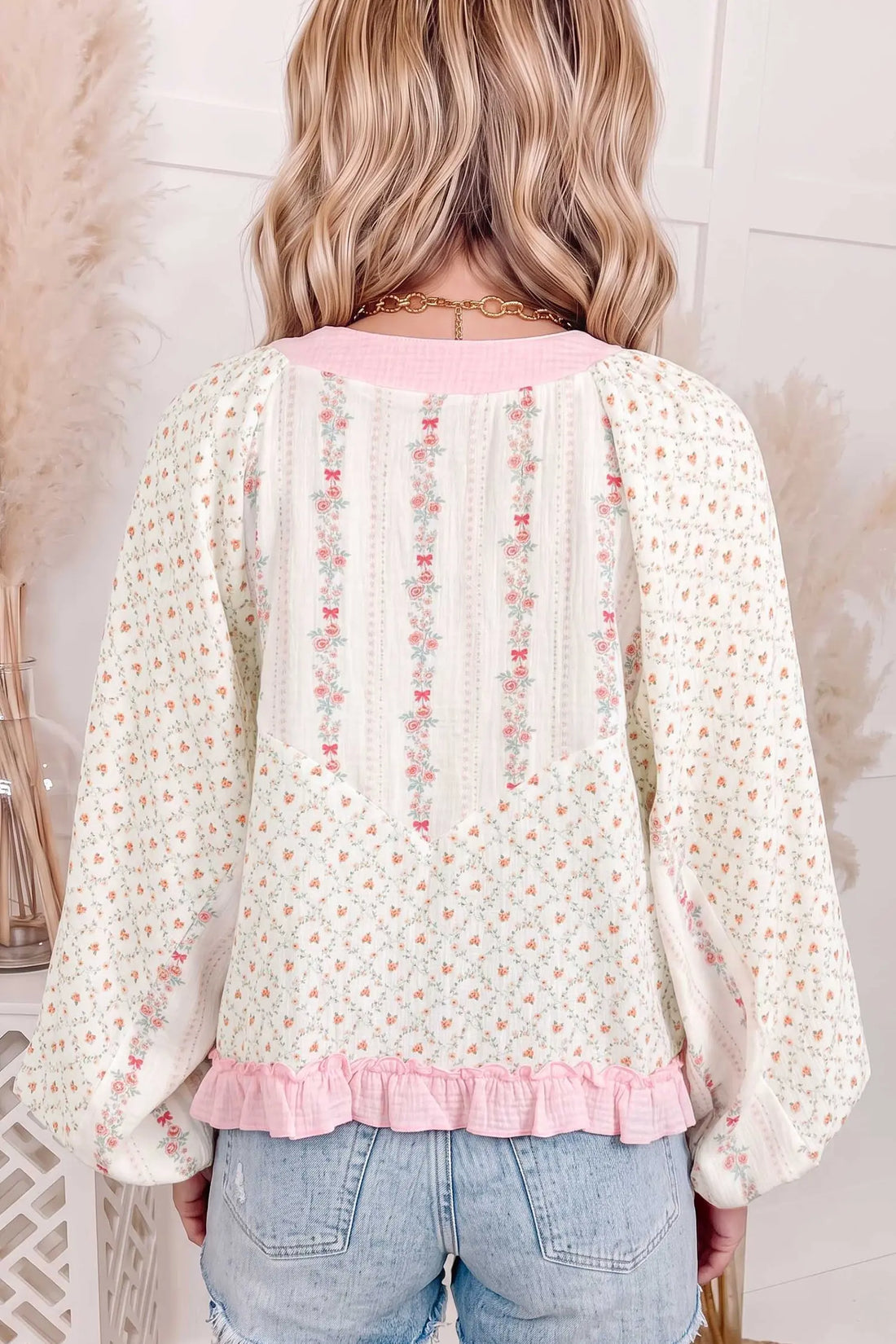 Floral Print Colour Block Trim Lace-up V Neck Long Sleeve Blouse