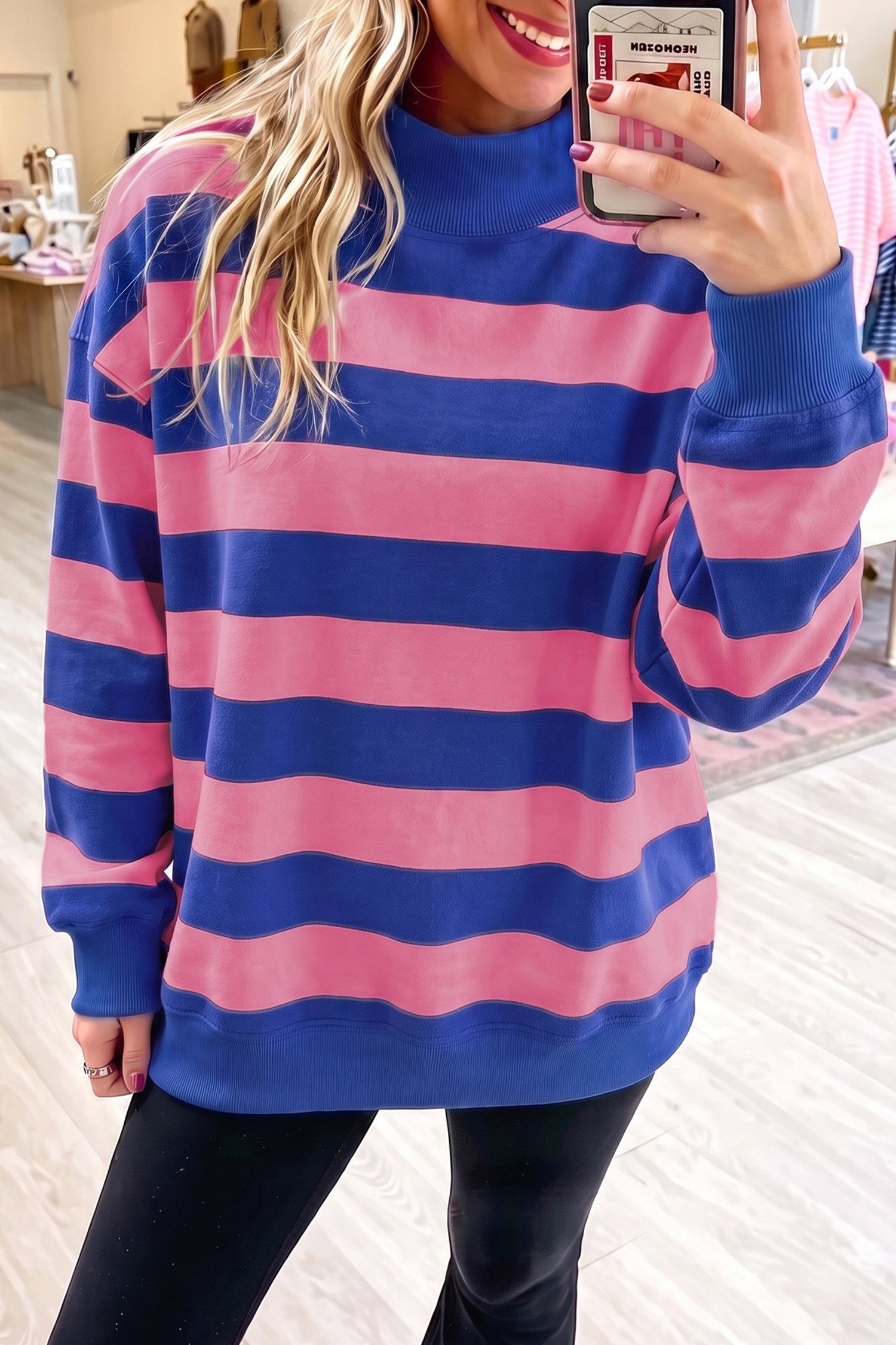 Colorblock Mock Neck Relaxed Sweatshirt – Blue Stripe
