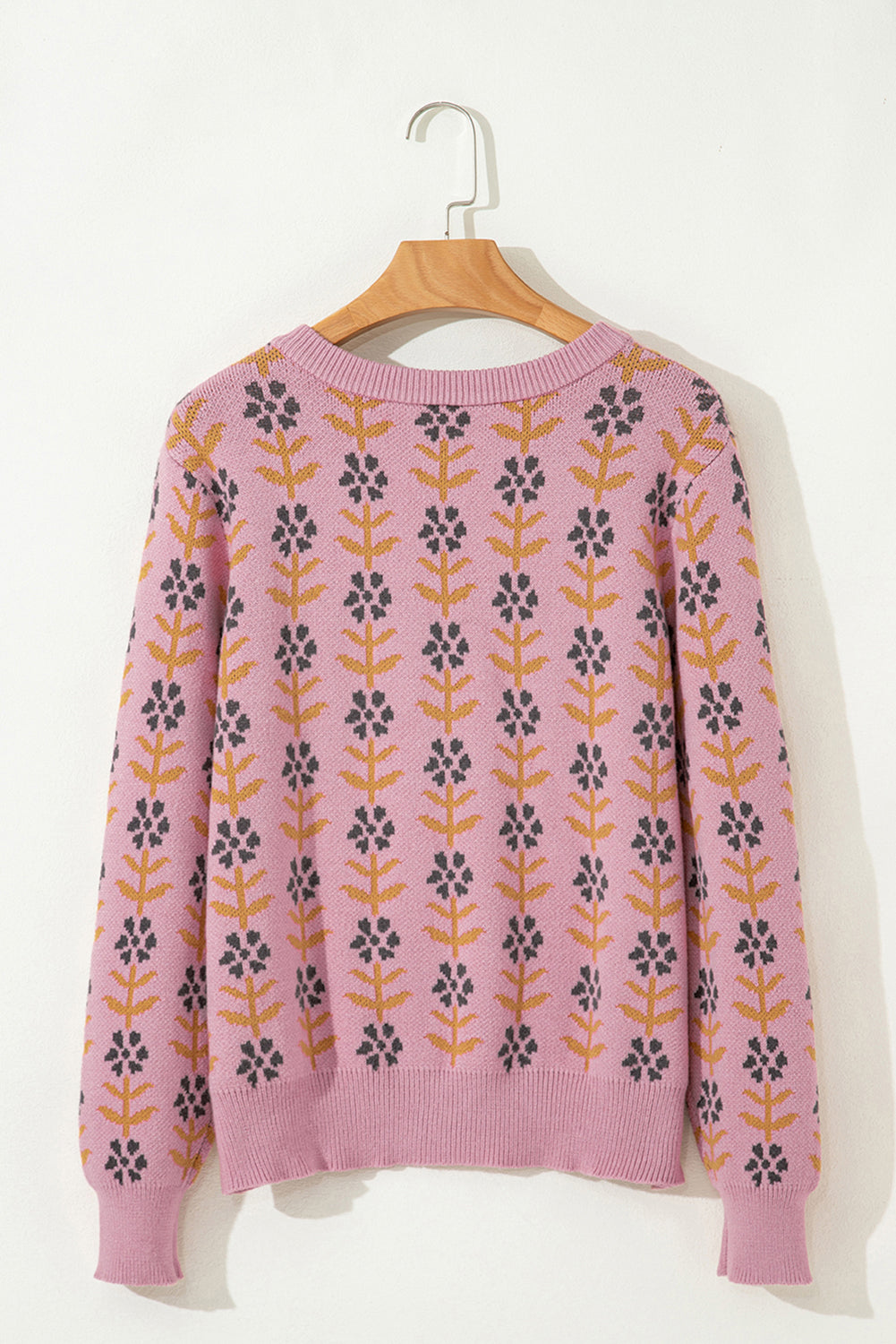 Pink Floral Button Down Ribbed Banded Cardigan Sweater eAura