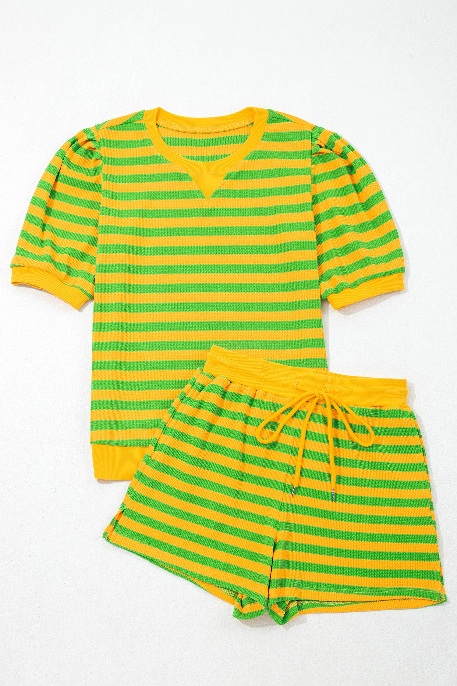 Puff Short Sleeve T Shirt Matching Shorts Set – Green Stripe