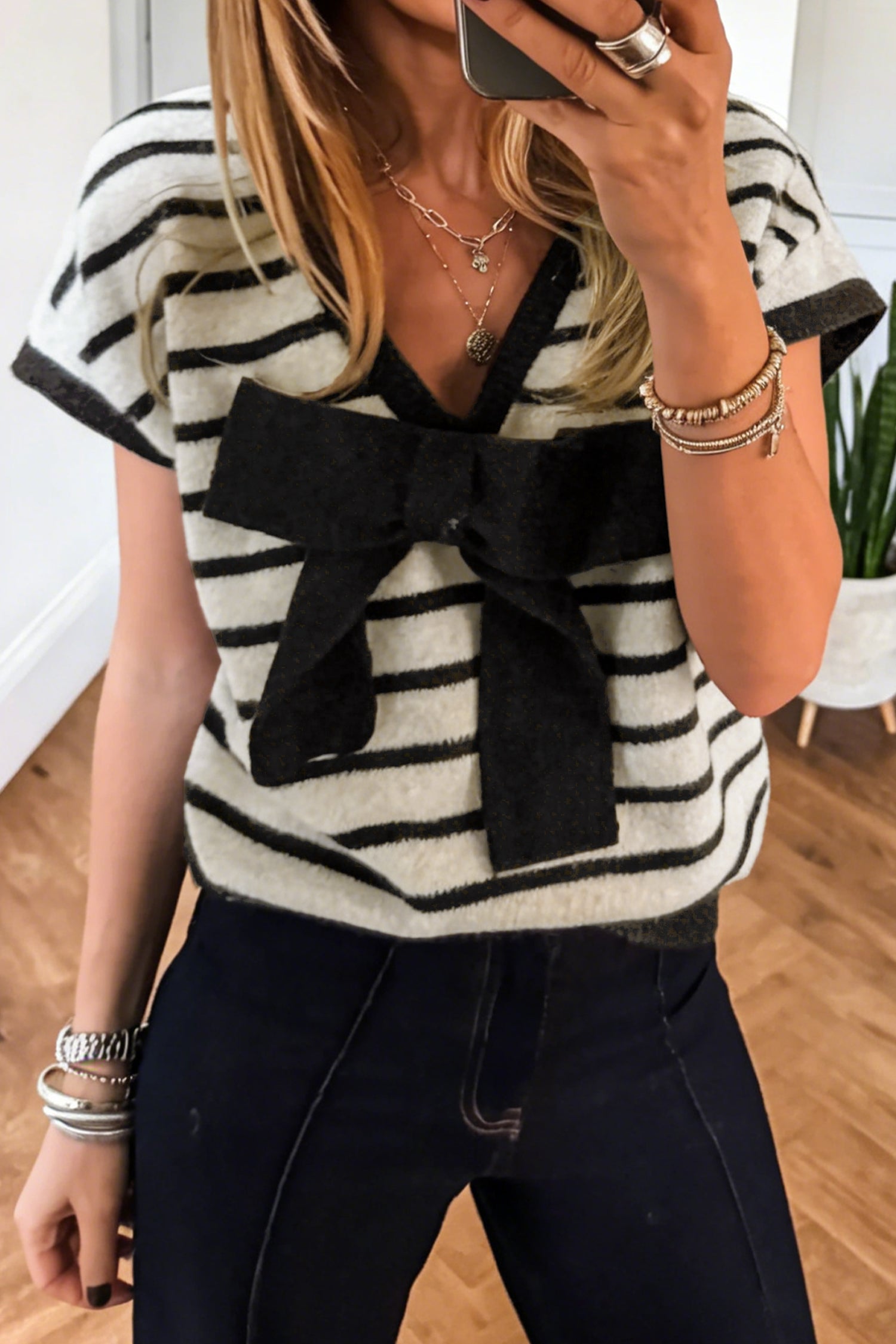Stripe Bow Appliqué Short Sleeve Sweater
