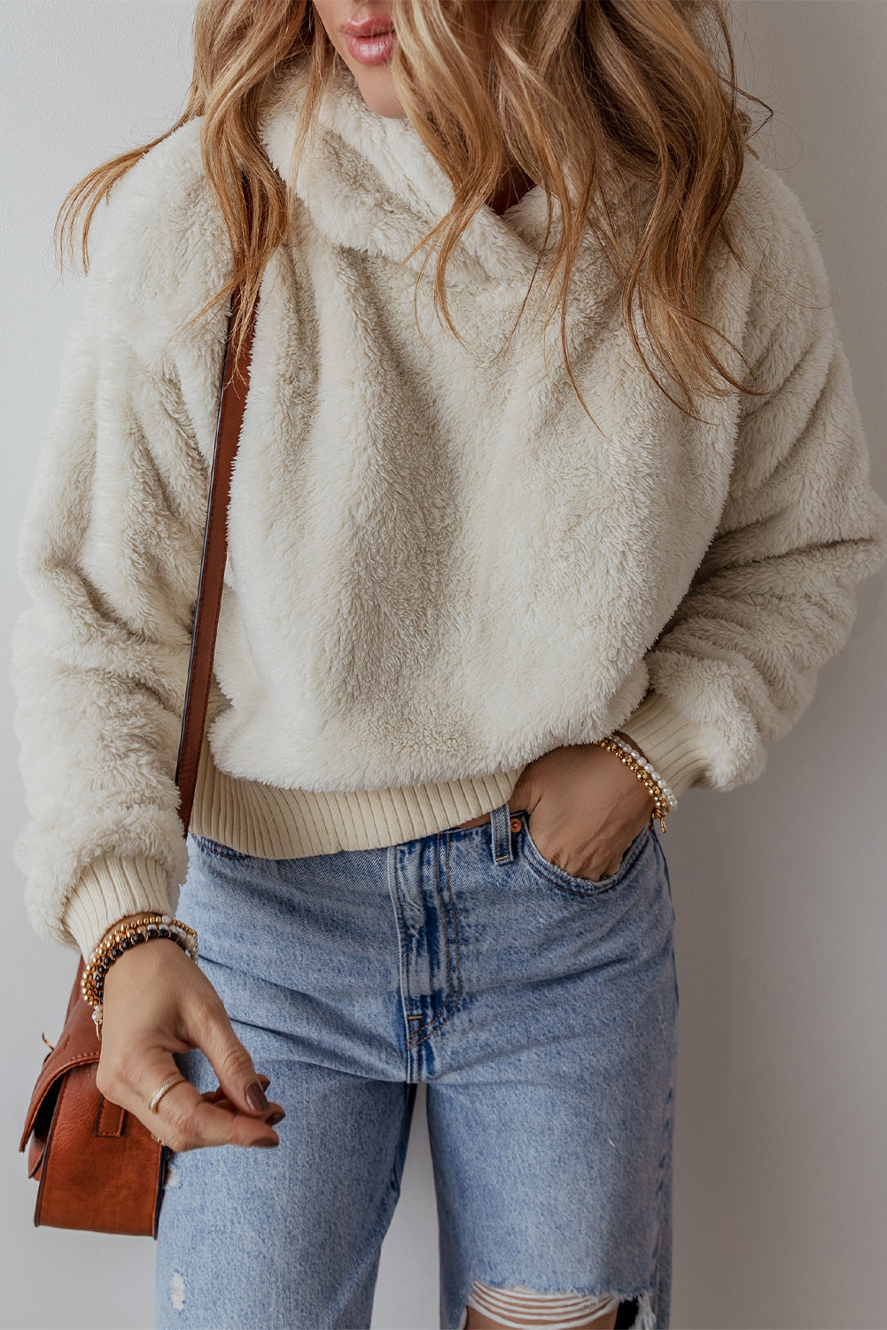 White Contrast Ribbed Edge Plush Hoodie eAura
