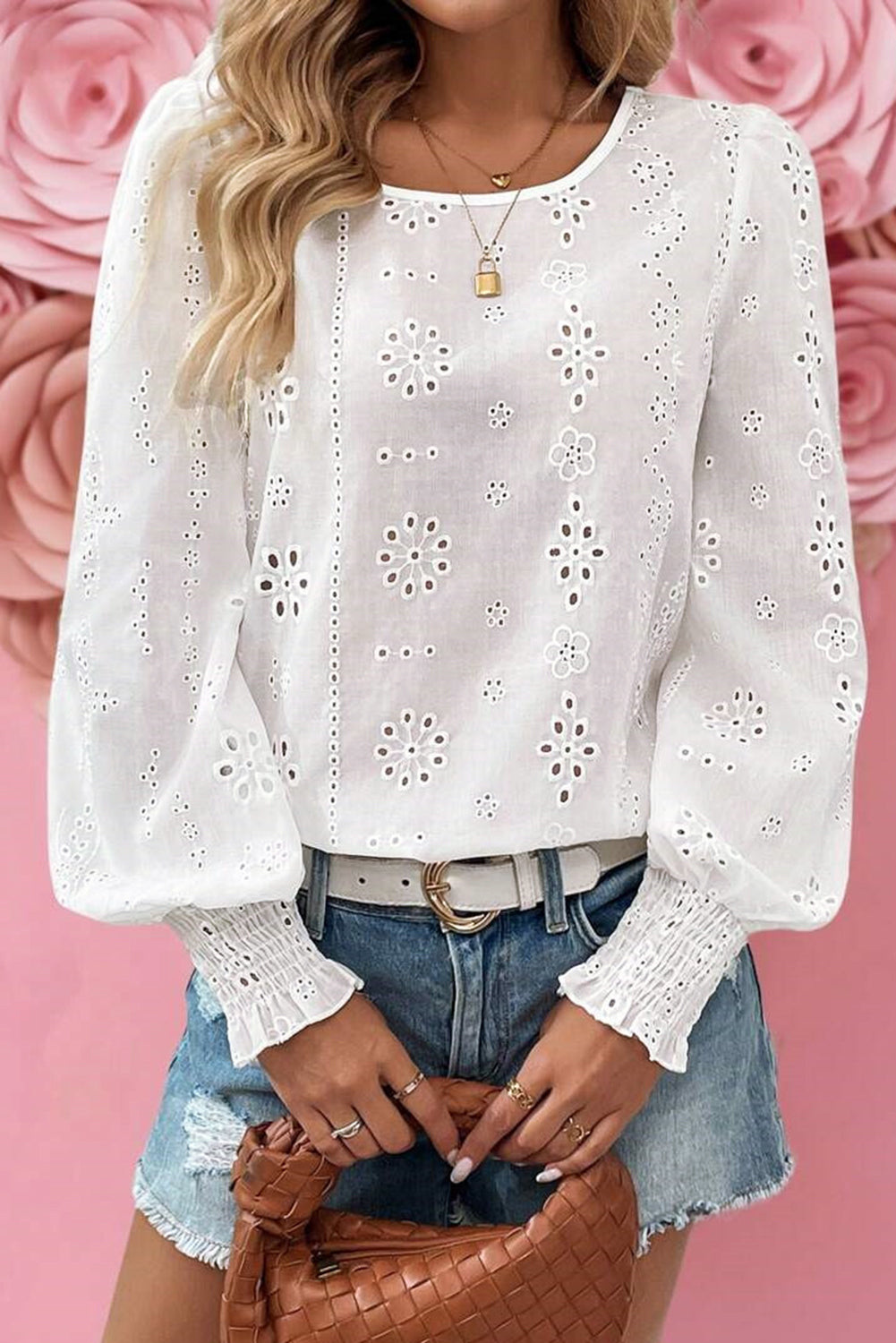White Eyelet Embroidered Smocked Cuff Sheer Blouse Dear-Lover Dropshipping