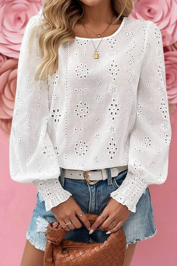 White Eyelet Embroidered Smocked Cuff Sheer Blouse Dear-Lover Dropshipping