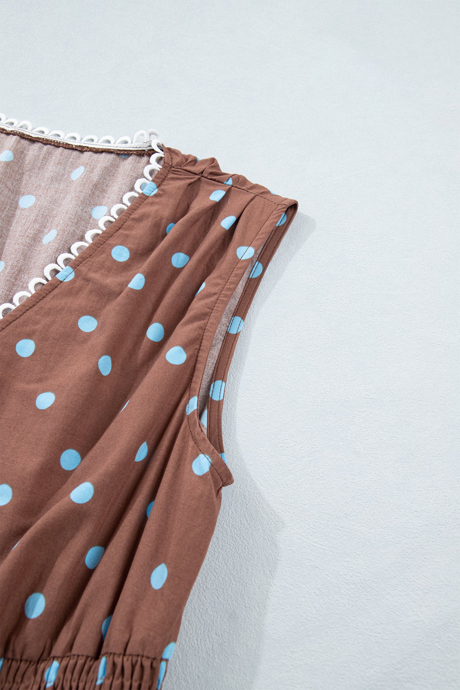 Polka Dot Print Contrast Trim V-Neck Zip Up Sleeveless Dress