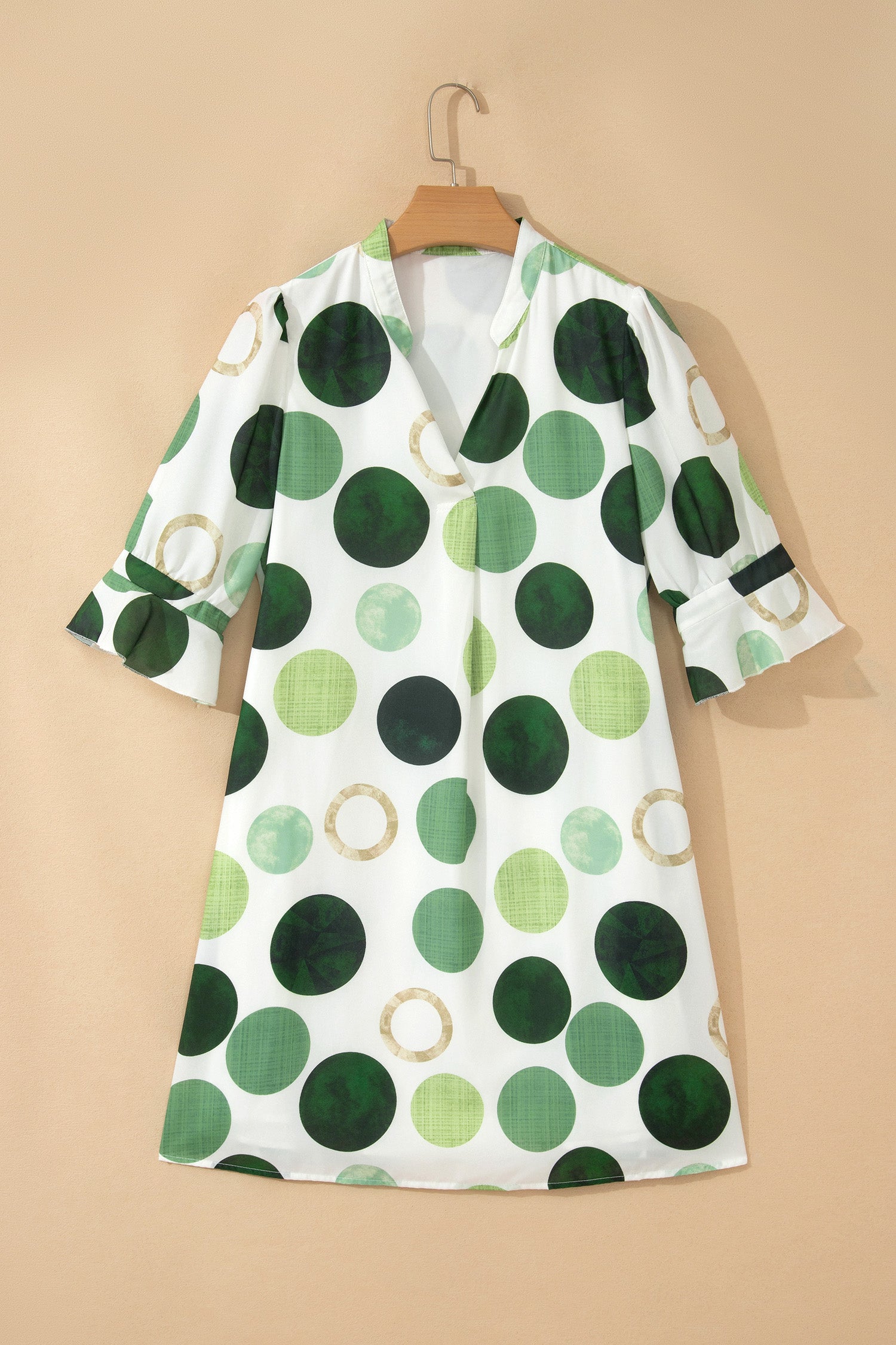 Polka Dot Print Flounced Half Sleeve Casual Vacation Style Mini Dress – Green