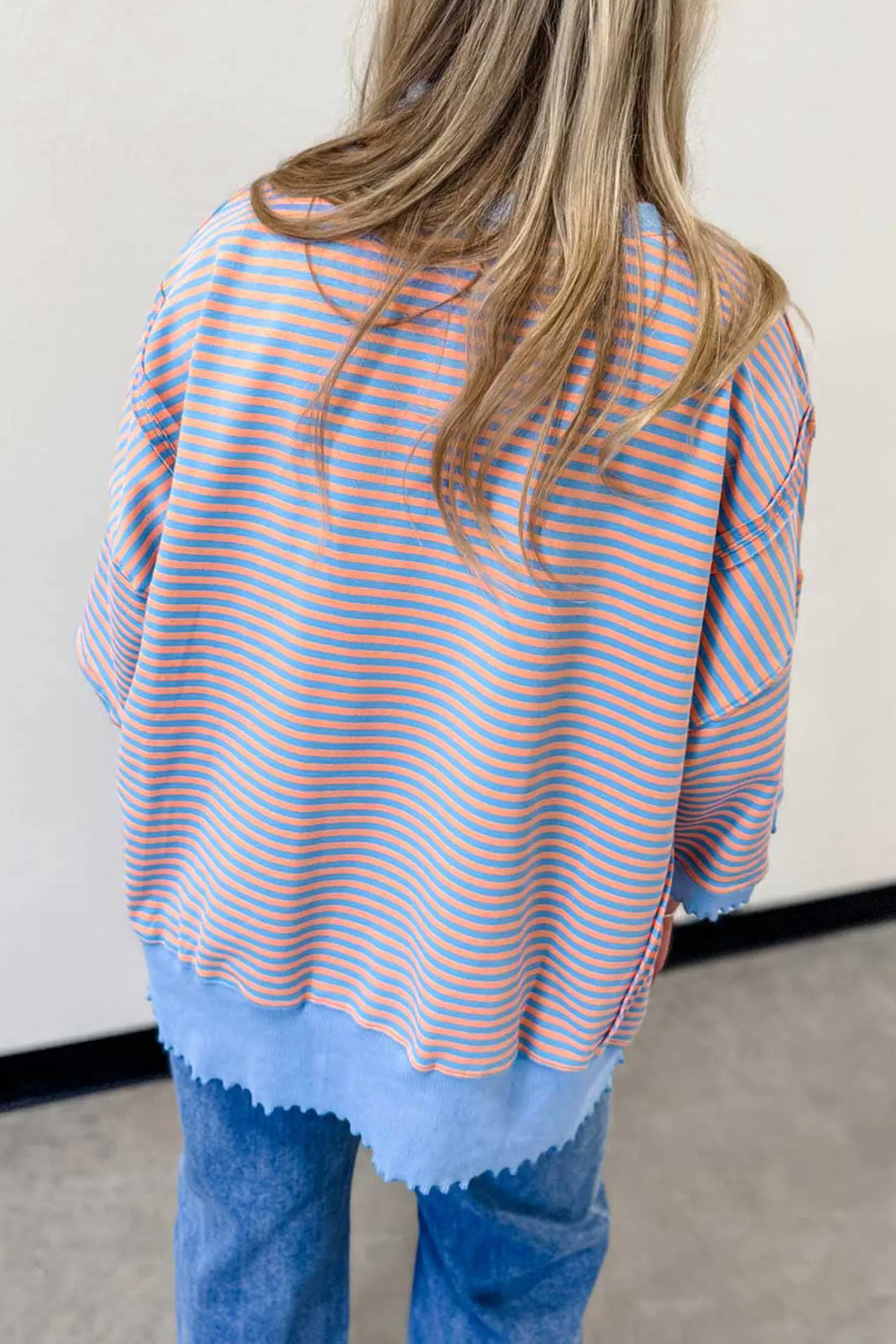 Colourblock Scalloped Trim Loose 3/4 Sleeve Top