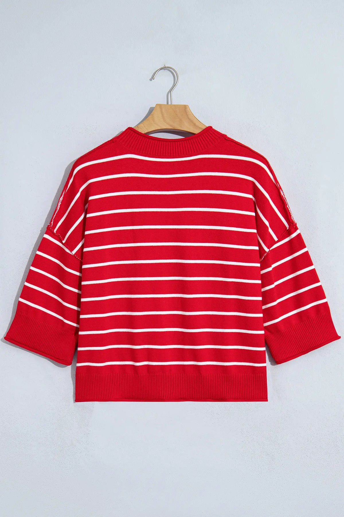 Dropped Shoulder Half Sleeve Relaxed Knit Sweater – Red Stripe