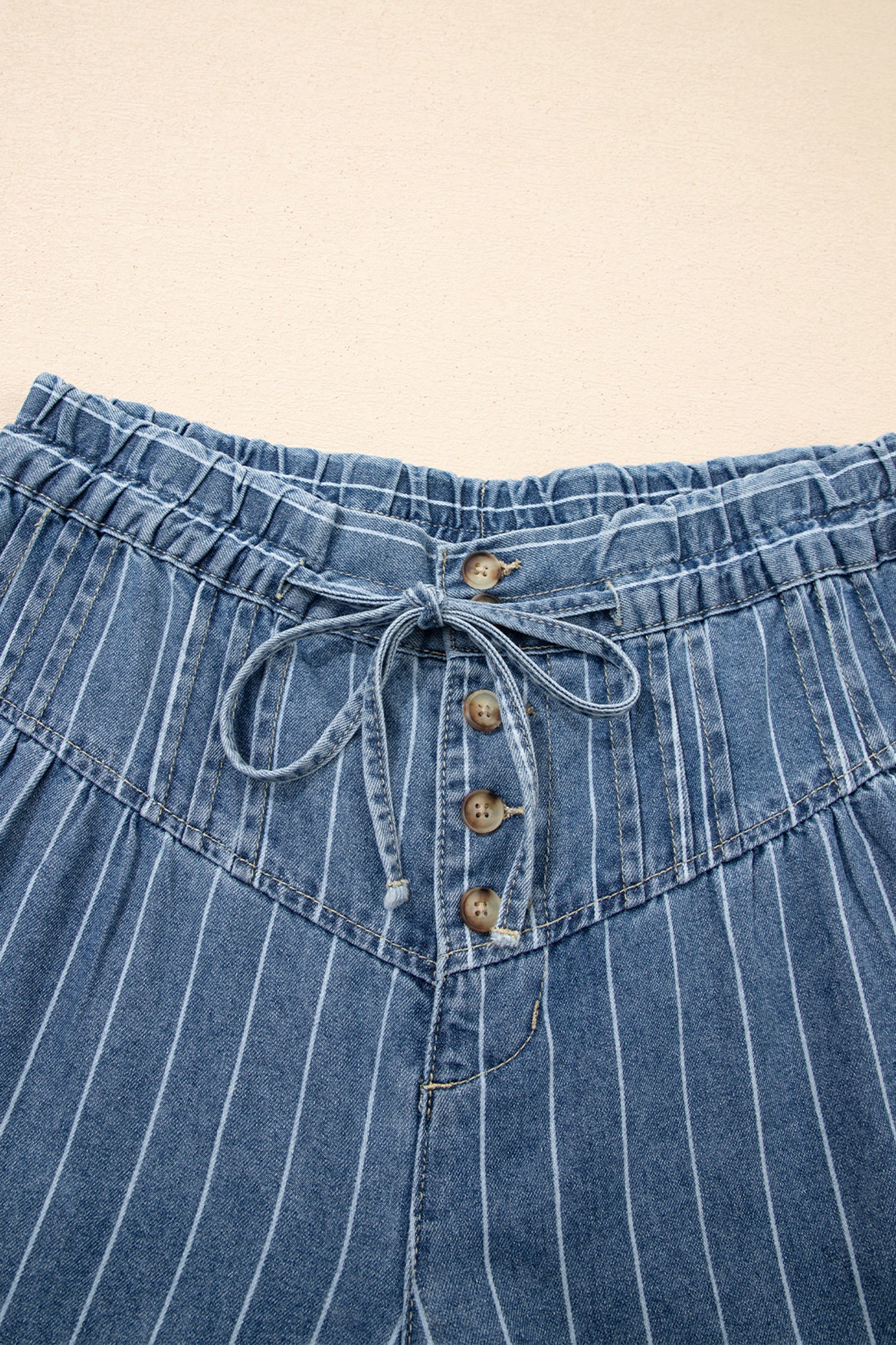 Stripe Button Pleated Drawstring Waist Wide Leg Jeans - Bottoms/Jeans/WideLeg