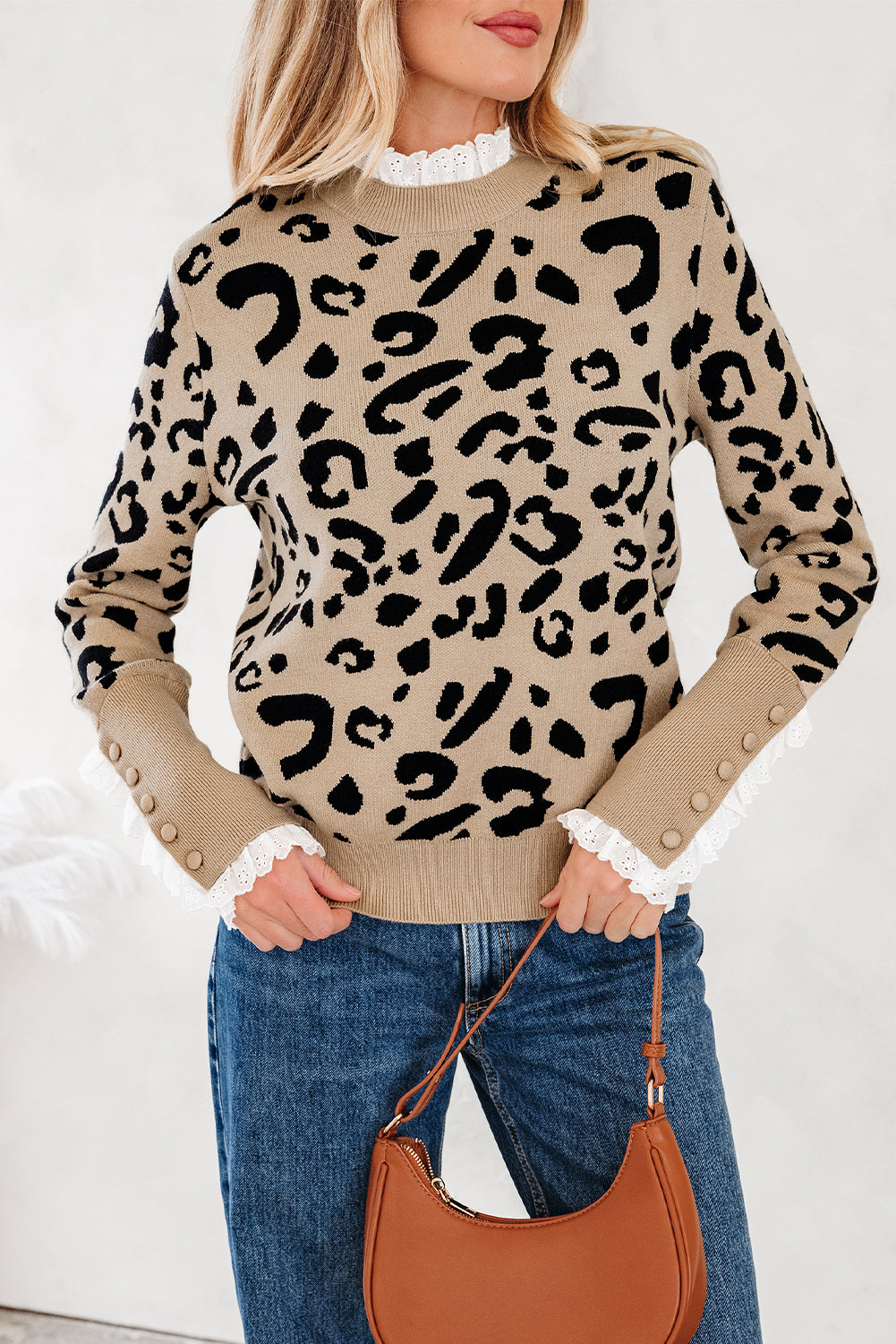 Brown Leopard Pattern Lace Ribbed Detail Button Cuffed Sweater - eAura