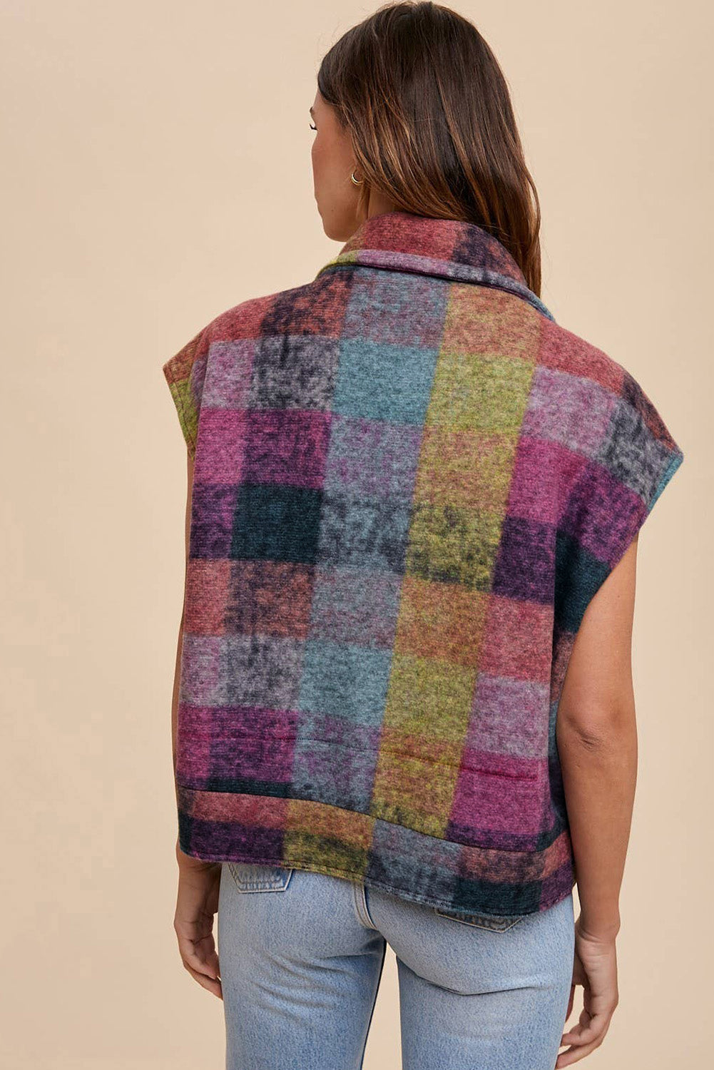 Multicolour Plaid Print Loose Sleeveless Jacket eAura