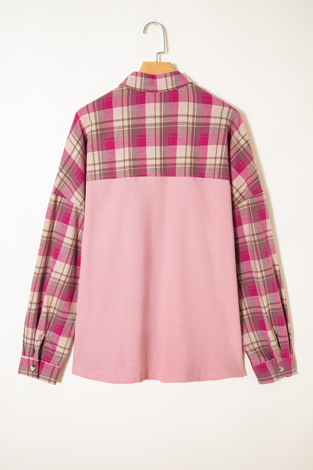 Pink Waffle Patch Pocket Plaid Patchwork Plus Size Shirt - eAura