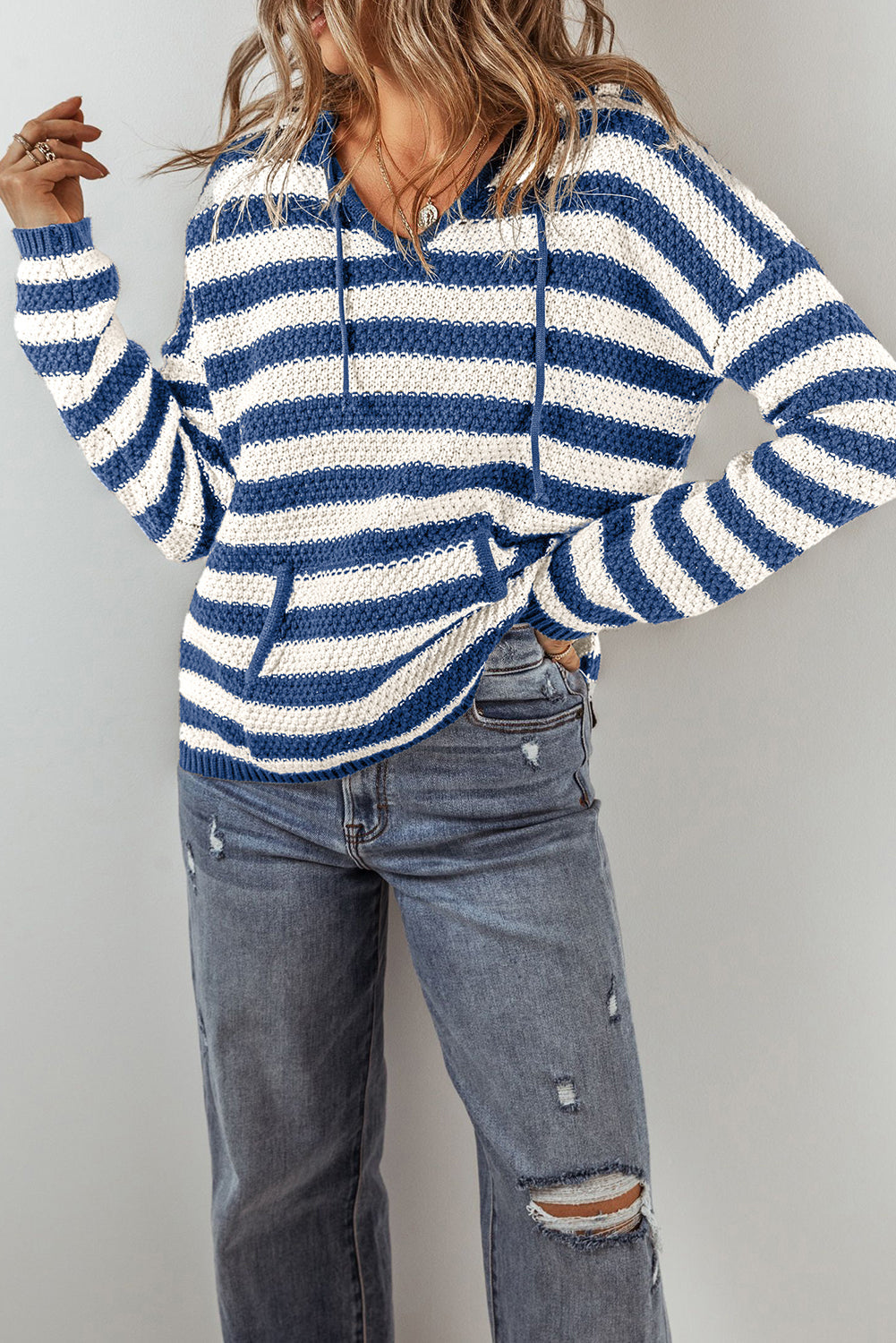 Blue Stripe V Neck Pocketed Drawstring Hooded Sweater eAura