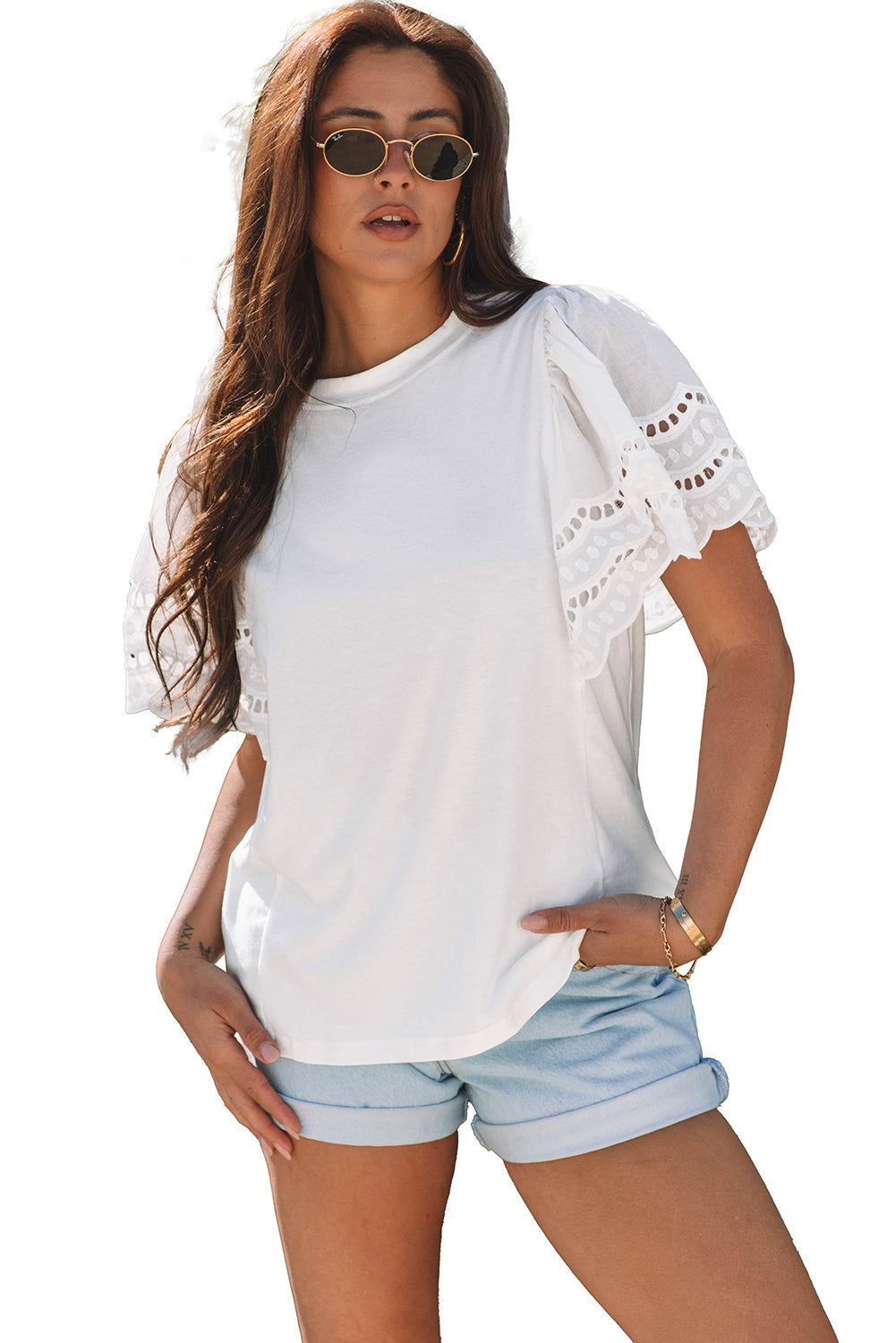 White Hollow Out Embroidered Short Sleeve O Neck Top eAura