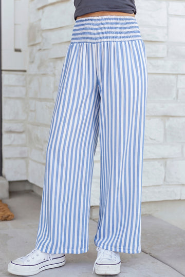 Shirred High Waist Loose Summer Pants – Sky Blue Stripe